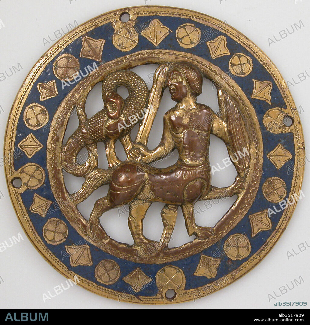 Medallion, 13th century (before 1227), Made in Limoges, France, French, Copper, champlevé enamel, Overall: 3 3/8 x 5/16 in. (8.5 x 0.8 cm), Enamels-Champlevé, These medallions probably come from a large traveling chest that belonged to Cardinal Guala Bicchieri. A collector and bibliophile, he purchased several such coffrets in Limoges and took them to his residence near Turin.