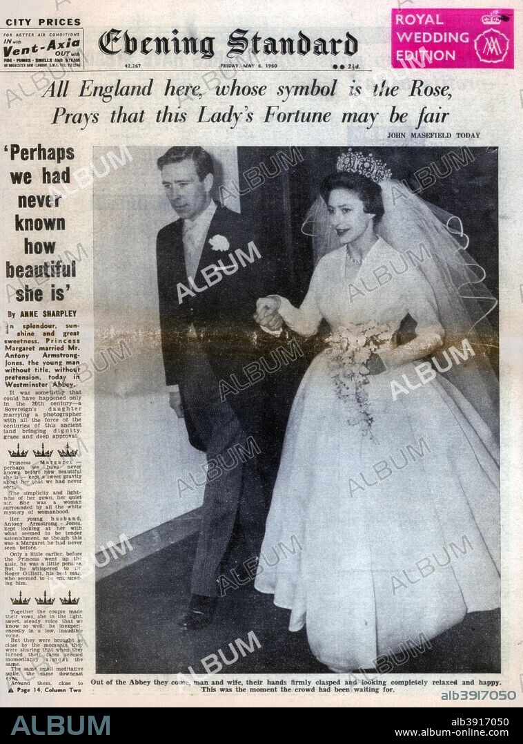 Princess Margaret marries Antony Armstrong-Jones, 6 May 1960. Front page of the Evening Standard newspaper.