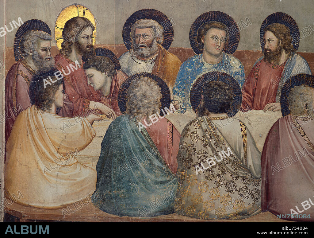 Stories of the Passion: The Last Supper, by Giotto, 1304-1306, 14th Century, fresco. Italy, Veneto, Padua, Scrovegni Chapel. Scenes from the Life of Christ: Last Supper, Christ apostles white beige pink blue red halos; aureoles dark apostles mantle; cloak drapery; draping.