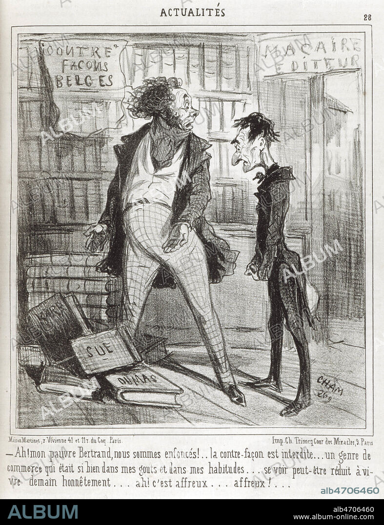 'Ah mon pauvre Bertrand, nous sommes enfonces ! ... La contre-facon est interdite...'. Caricature sur les editeurs contrefacteurs: a leur pied les oeuvres d'Eugene SUE, Alxandre DUMAS et Alphonse KARR. Lithographie de CHAM (1819-1879) publiee dans Le Charivari du 9 fevrier 1852. Credit : Coll. BHVP-Grob/KHARBINE-TAPABOR.