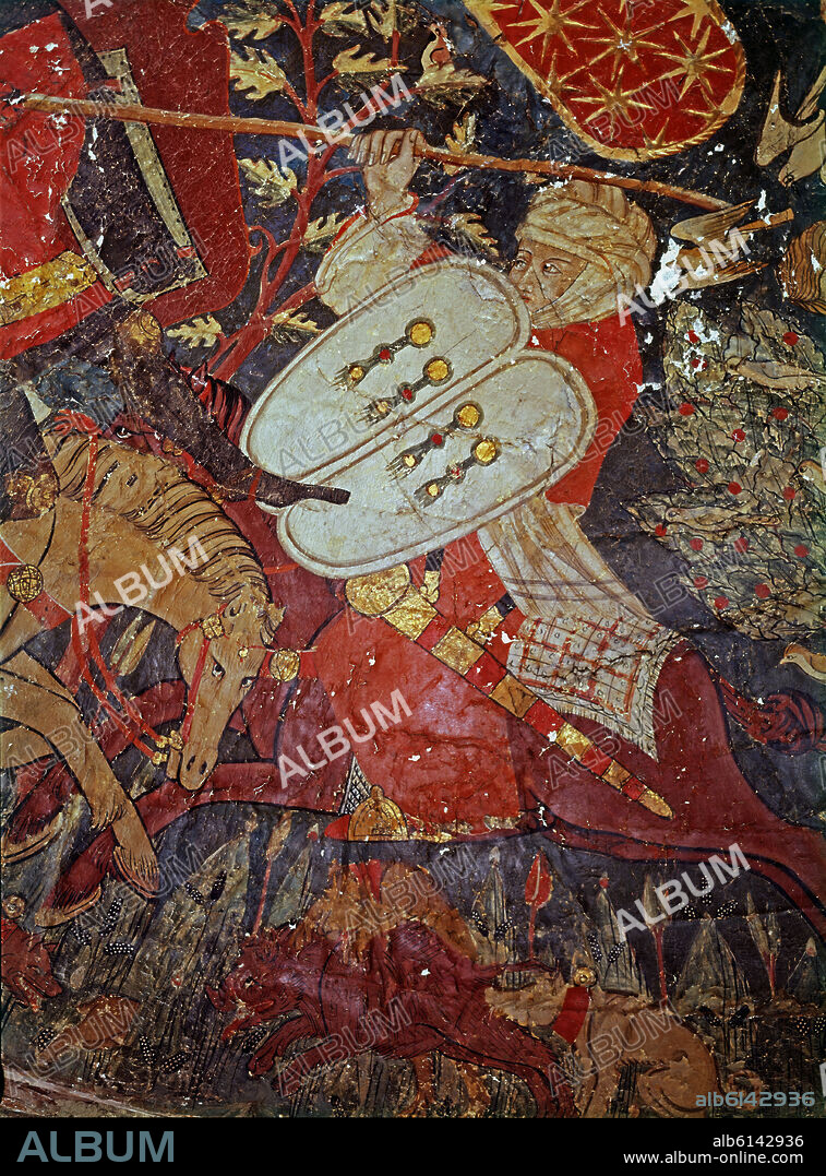 SOLDADO ARABE LUCHANDO A CABALLO - BOVEDA LATERAL -EPOCA NAZARI - SIGLO XV - PINTURA CRISTIANA.
