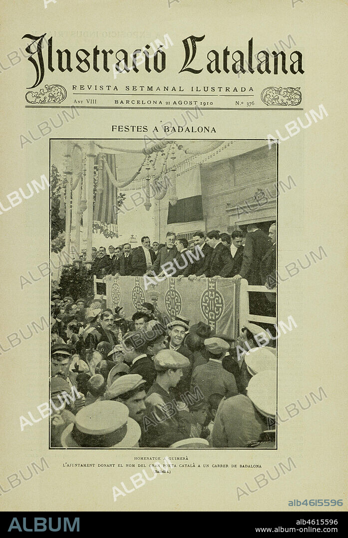 Portada de la revista "Ilustració Catalana", 21 agosto 1910, "Festes a Badalona". Homenaje a Guimerá.