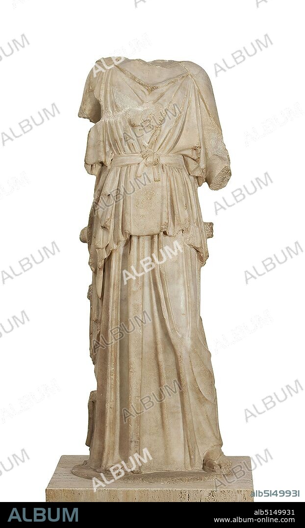Myron, Statue of the goddess Athena (copy after Athena-Marsyas group of Myron), Property of the Stiftung Hamburger Kunstsammlungen, Marble, chiseled, Total: Height: 143,5 cm; Width: 52 cm; Depth: 41 cm, Three-dimensional sculptures, Olympic gods, History of Marsyas, High Classical period (Greek antiquity), The female figure is dressed with a peplos and wears sandals The Gorgoneion - the small fright image on her chest framed by snakes - identifies her as the statue of Athena. On the plinth there are remains of red paint. Although the original of this figure is lost, it can be reconstructed: The model, erected around 440 BC on the Acropolis of Athens, was part of a two-figure group by the famous arch sculptor Myron from Eleutherai. It showed the goddess together with the satyr Marsyas in a well-known mythological scene. Athena had invented the game with the Auloi (flute). She enjoyed its sound until she realized in the mirror of a body of water that the swollen cheeks, reddened from exertion, disfigured her face. Horrified, she threw the flute away and cursed anyone who picked up the instrument. The fact that the satyr Marsyas - a wild creature with a horse's tail and ears from Dionysus' entourage - nevertheless reached for the flute was to be his undoing. His presumption drove him to the musical competition with Apollo, whose playing on the kithara (harp-like instrument) he wanted to surpass with the flute. But Apollon remained the victor and had him hung on a tree and skinned alive as punishment. It was once a lavish monument, which on the Acropolis of Athens brought the myth of Athena and Marsyas to life, and the Athenians had it erected for a reason. The disputes between Athens and Boeotia, the landscape north of Attica, gave rise to this. Athena throws away the flute, demonstrating the contempt of the city of Athens for the lower art of flute playing. Marsyas, on the other hand, who is about to pick up the flute, stands for the uncultivated, peasant province of.