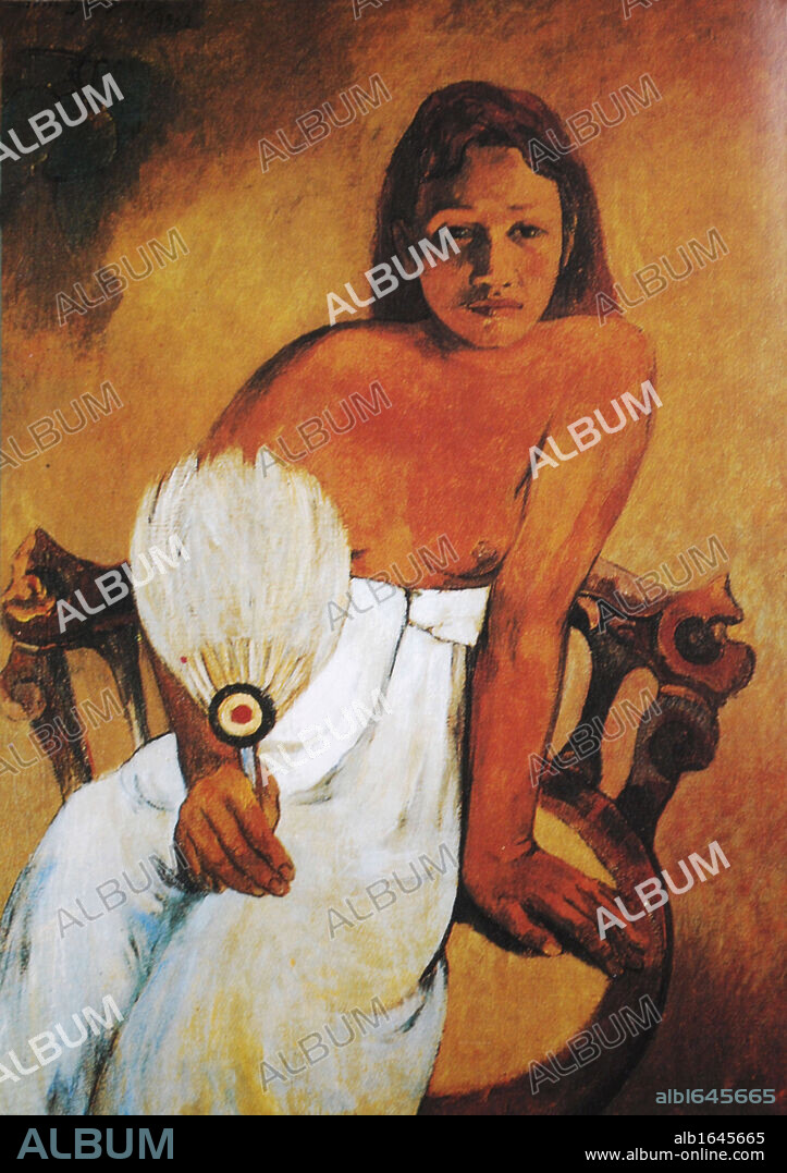 Femme a l'Eventail' (Woman with Fan) 1902. Oil on canvas. Eugene Henri Paul Gauguin (1848-1903) French Post-Impressionist painter. Portrait Female Tahitian Seated Chair Semi-Nude.
