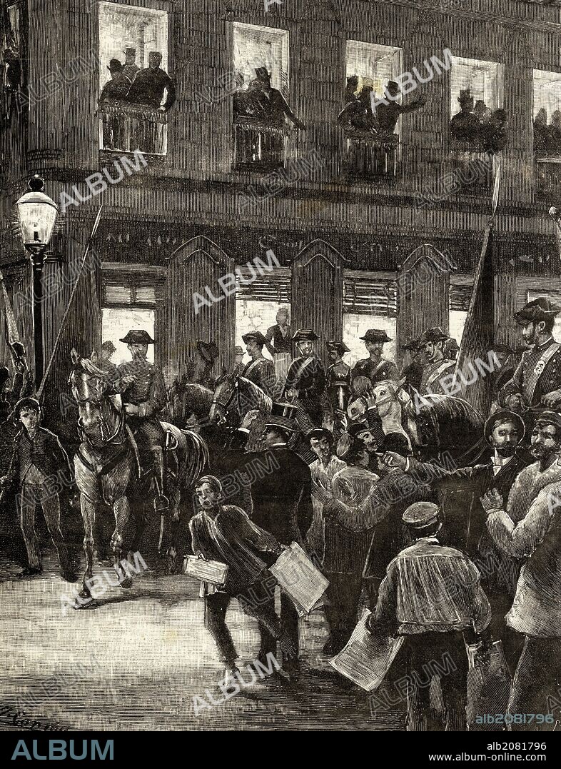 EPOCA RESTAURACION (1875-1885). Reinado ALFONSO XII. CONFLICTO DE LAS ISLAS CAROLINAS, por la impugnación alemana de la soberanía española sobre las islas, por falta de ocupación real. "MANIFESTACION PATRIOTICA EN LA CALLE SEVILLA DE MADRID". Grabado de la "Ilustración Española y Americana". Año 1885.