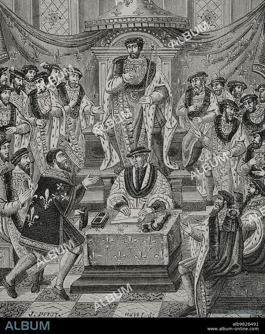 Recepción de un caballero de la Orden de San Miguel, orden militar francesa fundada por el rey Luis XI (1423-1483) en Amboise el 1 de agosto de 1469. Grabado por J. Petot y Huyot a partir de una miniatura de "Statuts de l'Ordre de Saint-Michel", 1469-1470. "Vie Militaire et Religieuse au Moyen Age et à l'Epoque de la Renaissance". París, 1877.