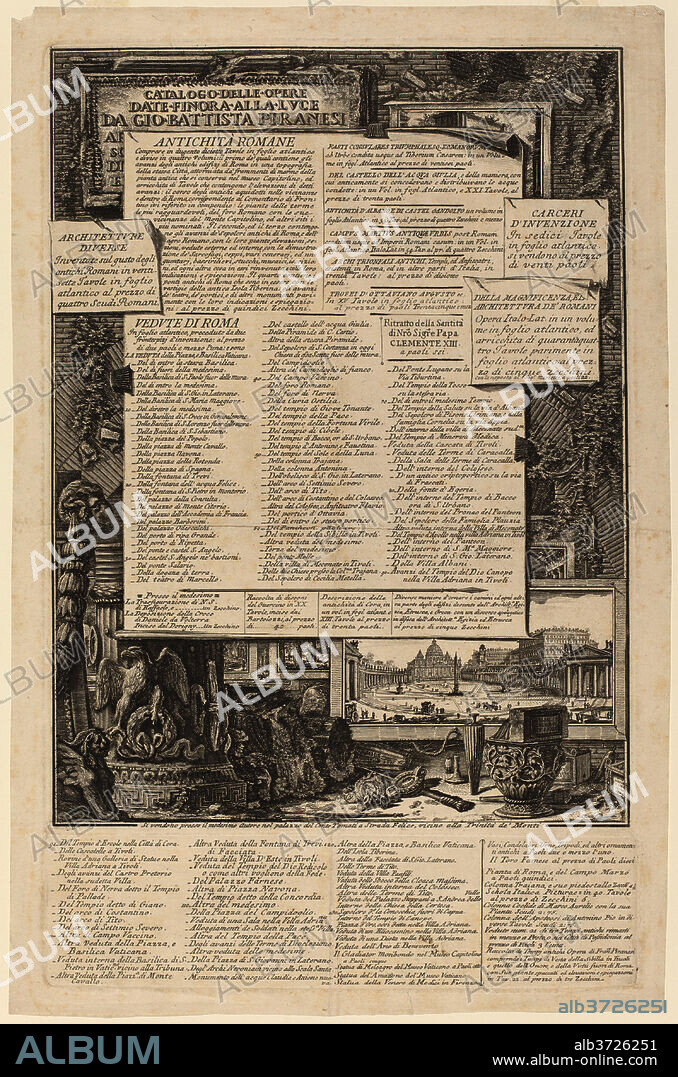 GIOVANNI BATTISTA PIRANESI AND FRANCESCO PIRANESI (AUTHORS). Catalogo delle Opere Date Finora Alla Lvce Da Gio Battista Piranesi. Dimensions: plate: 39.8 x 29.6 cm (15 11/16 x 11 5/8 in.)  sheet: 53.5 x 42.4 cm (21 1/16 x 16 11/16 in.). Medium: etching and engraving on laid paper.