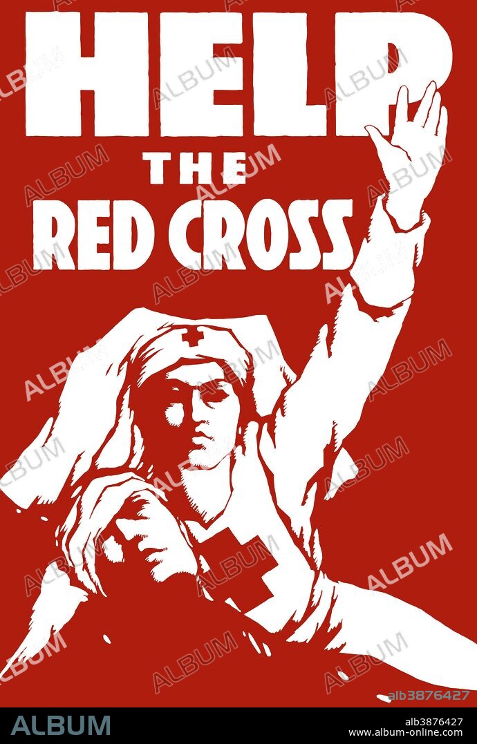 Vintage World War I poster of a Red Cross nurse helping a wounded soldier. It reads, Help The Red Cross.