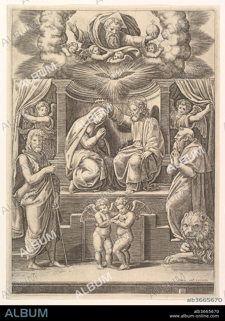 The coronation of the Virgin, God the Father above, St Jerome lower right and St John the Baptist lower left. Artist: After Raphael (Raffaello Sanzio or Santi) (Italian, Urbino 1483-1520 Rome); Master of the Die (Italian, active Rome, ca. 1530-60). Dimensions: sheet: 14 9/16 x 10 7/16 in. (37 x 26.5 cm)
plate: 14 x 10 1/16 in. (35.5 x 25.5 cm). Publisher: Antonio Lafreri (French, Orgelet, Franche-Comte ca. 1512-1577 Rome). Date: 1530-60.