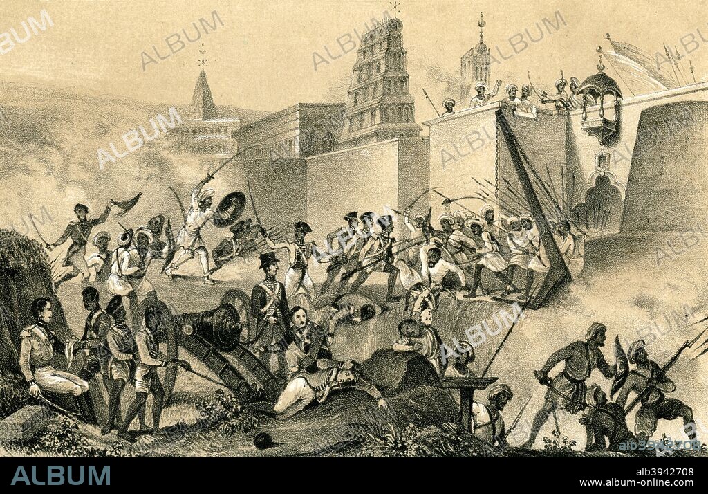 'The last effort of Tippoo Saib at Seringapatam', 1799, (1847). The death of Tippoo Sahib (1753-1799), Sultan of Mysore at his stronghold, Seringapatam, India. British forces stormed the city on 4 May 1799. This victory brought to an end the short fourth Anglo-Mysore War (March-May 1799) enabled them then to gain control of Southern India, leading eventually to British rule throughout India. Illustration from The History of China and India, by Miss Corner, (Dean and Co, London, 1847).