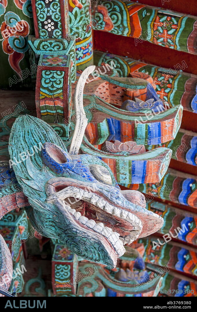 Coloured wooden roof in the Bulguksa Temple, Gyeongju, UNESCO World Heritage Site, South Korea, Asia.