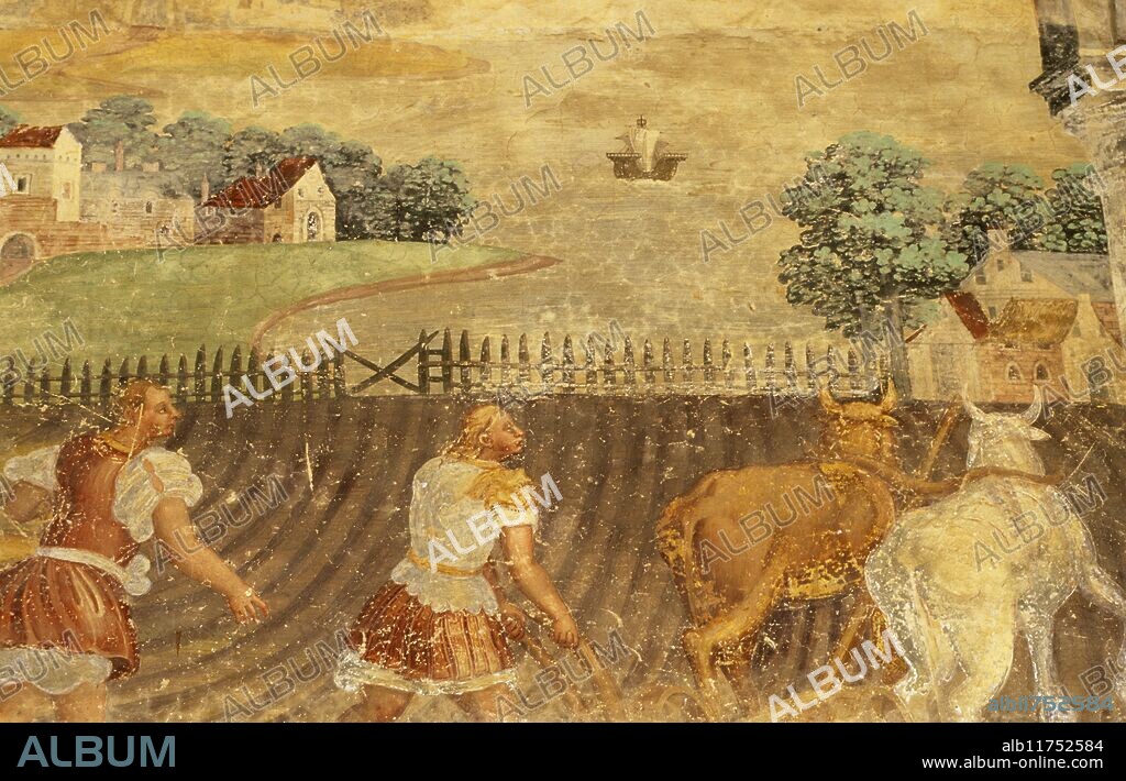 "Fresco detail 'Campi di Cremona', Villa Cicogna Mozzoni, Bisuschio, near Varese The Mozzoni family in 1400 built a hunting lodge in Bisuschio Between 1500 and 1559 the Mozzoni's enlarged the Villa After 1560 they charged the Campi brothers from Cremona to fresco the palace. In 1580 Angela, the only descendant of the Mozzoni's, married Giampietro Cicogna, in this way founding the family which still owns the villa today. It is a classical example of a rural Renaissance villa surrounded by an Italian garden The garden was the decision of Ascanio Mozzoni (d. 1593). This work was continued by Carlo Cicogna Mozzoni (1618-1690). " *** Local Caption ***.