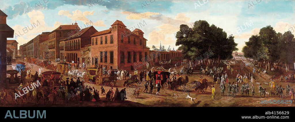 JAN VAN KESSEL THE YOUNGER (attributed). Jan van (attributed to) Kessel III (Antwerp, 1654 - Madrid, 1708). View of the Carrera de San Jerónimo and Paseo del Prado with a Procession of Carriages (1686). Oil on canvas. 164 x 445 cm.