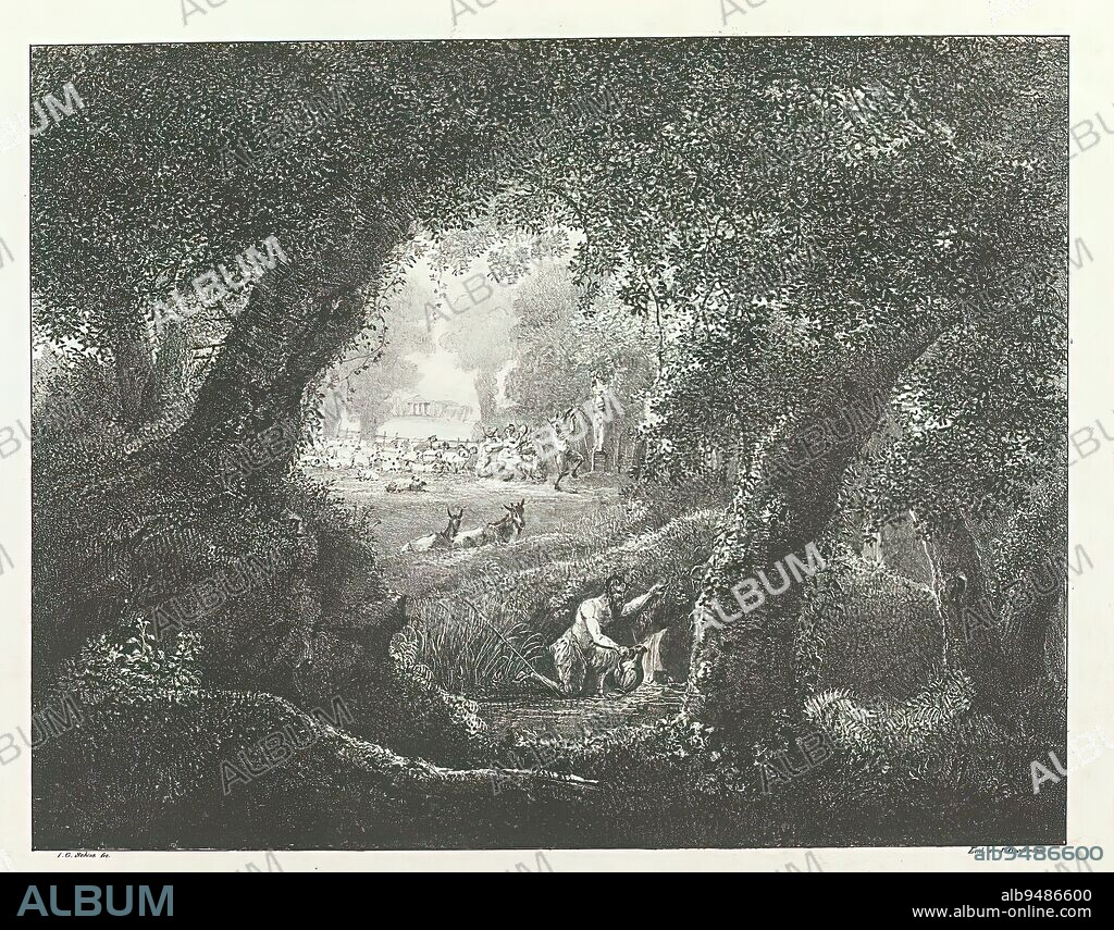 A faun with jug by the river, Chalk lithograph taken from the 'Lithographische Original-Zeichnungen von J.G. Schinz, Zürich 1822'., print maker: Johann Georg Schinz, (mentioned on object), publisher: Joseph Brodtmann, (mentioned on object), Zürich (stad), 1822, paper, height 321 mm × width 469 mm.