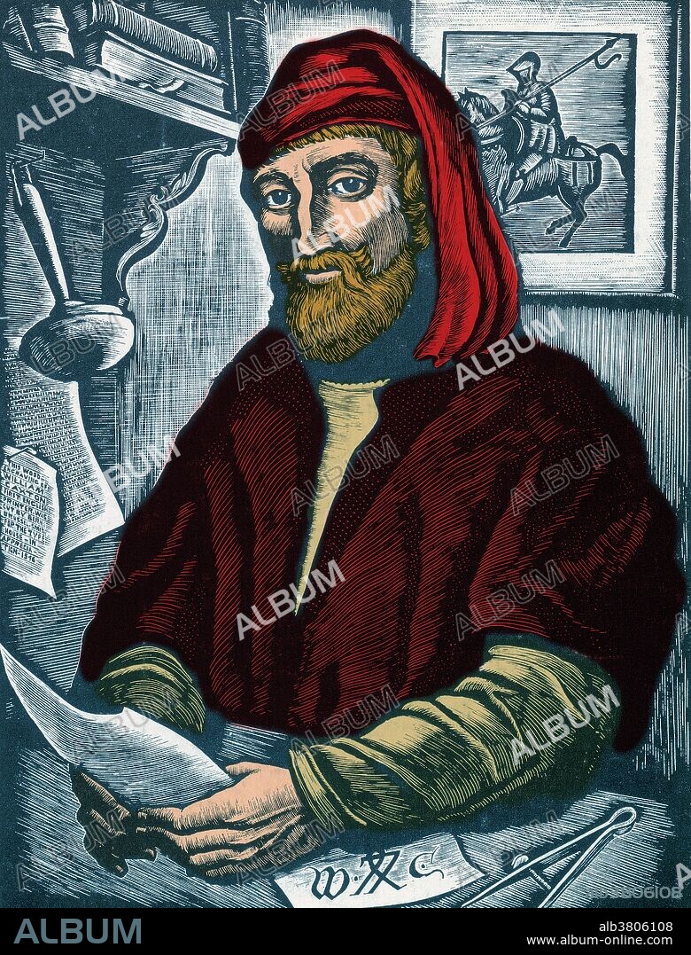 A wood engraving of William Caxton by American artist Bernard Brussel-Smith (1914-1989). William Caxton (1422?-1492) was an English merchant, diplomat, writer and printer. As far as is known, he was the first English person to work as a printer and the first to introduce a printing press into England. He was also the first English retailer of printed books.