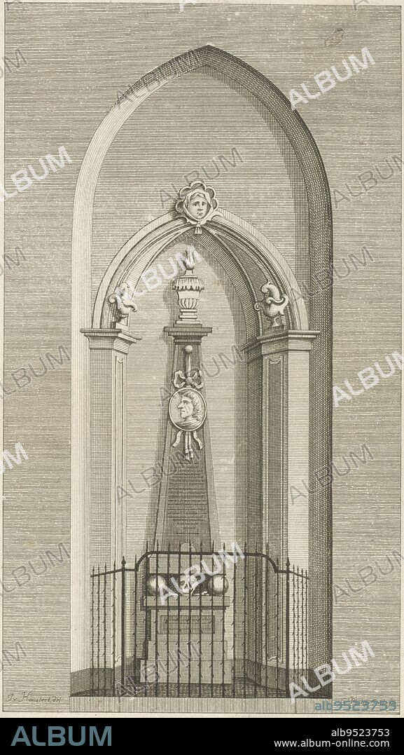 Funeral monument of Antoni van Leeuwenhoek, which is located in the Oude Kerk in Delft, Funeral monument of Antoni van Leeuwenhoek, print maker: Caspar Jacobsz. Philips, (mentioned on object), intermediary draughtsman: Isaac van Haastert, (mentioned on object), Amsterdam, 1752 - 1789, paper, etching, h 240 mm × w 140 mm.