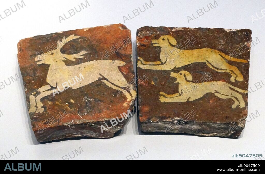 Norman (English) inlaid floor tiles, with stag and dogs. About 1200-1300 Earthenware, lead-glazed.