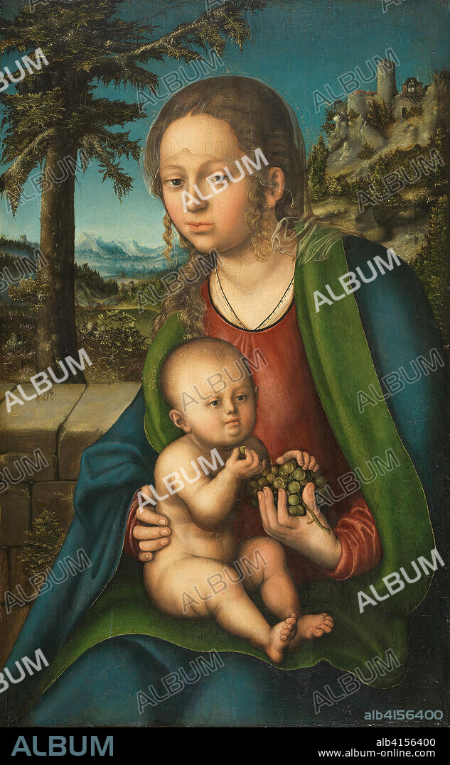 LUCAS CRANACH EL VIEJO. Lucas (el Viejo) Cranach (Kronach, 1472 - Weimar, 1553). La Virgen y el Niño con un racimo de uvas (hacia 1509 - 1510). Óleo sobre tabla. 71,5 x 44,2 cm.