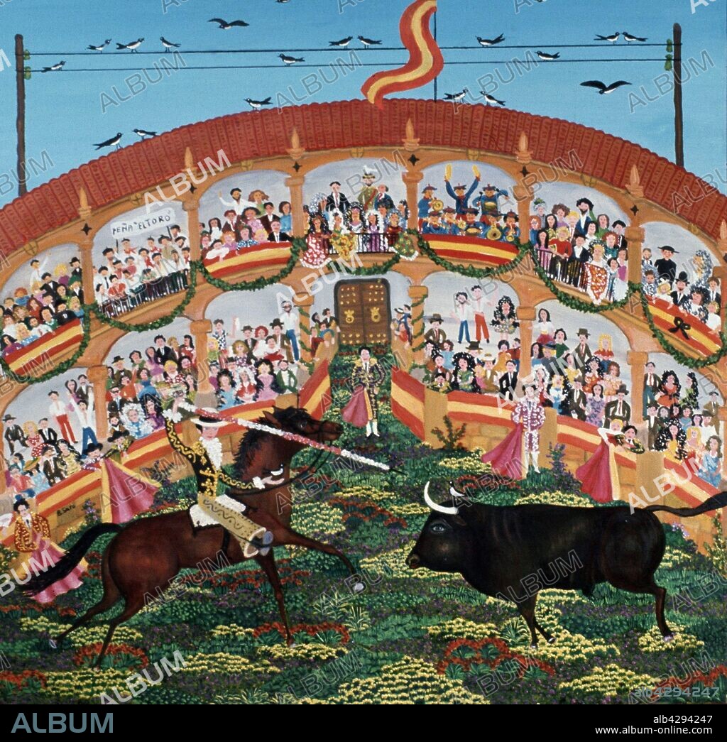 MARI PEPA ESTRADA (1904-1997). ESTRADA , MARIA PEPA PINTORA ESPAÑOLA . MALAGA 1905-1997 " REJONEADOR " , OLEO SOBRE LIENZO TAUROMAQUIA.