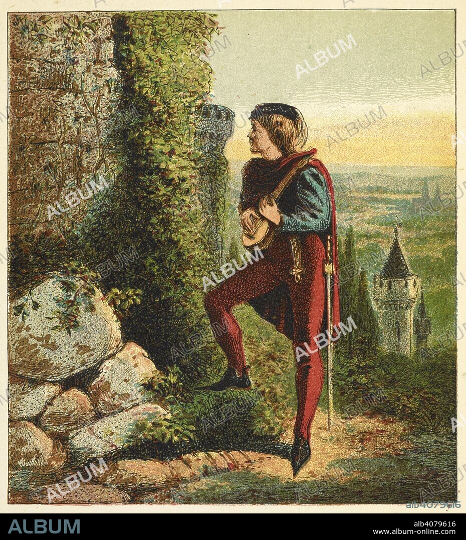 Blondel at Richard's prison'. Blondel de Nesle â€“ either Jean I of Nesle or his son Jean II of Nesle, was a French trouvere. Blondel's name is associated with a legend that claims that after Richard I of England was arrested and held for ransom in 1192, he was found by the minstrel Blondel, whom he saw from his window, and to whom he sang a verse of a song they both knew. Later versions of the story related that Blondel went from castle to castle, singing a particular song that only he and Richard knew, and that the imprisoned Richard replied with the second verse â€“ thus identifying where he was imprisoned. . Pictures of English History. From the earliest times to the present period. With ninety-three pictures, printed in colour by Kronheim. London : George Routledge & Sons, [1868]. Source: 9505.ff.6 picture 22. Language: English.