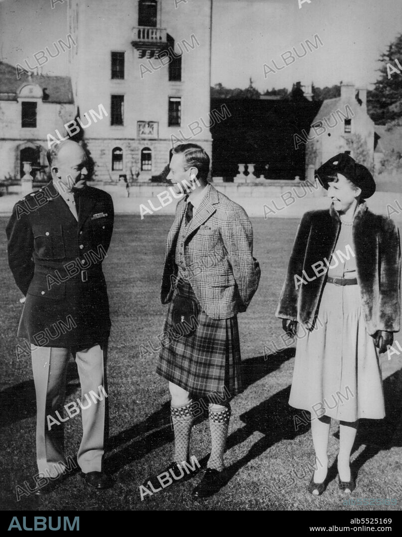 Eisenhowers Are Guests of King and Queen at Balmoral: The King, wearing kilt, with General Eisenhower and Mrs. Eisenhower in the grounds of Balmoral Castle.
General Dwight Eisenhower, his wife and their son, Captain John Eisenhower, were week-end guests of King George and Queen Elizabeth at Balmoral Castle, Scotland.
Captain Eisenhower partnered Princess Elizabeth and Princess Margaret at a dance in the ballroom. October 08, 1946.