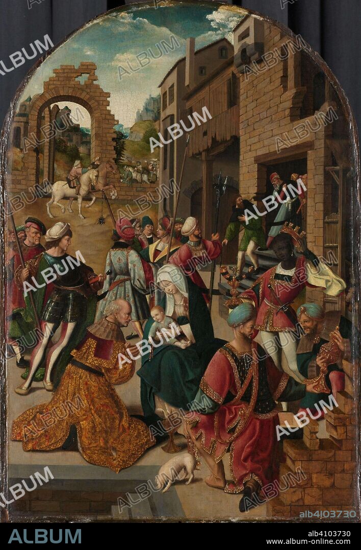 JACOB CORNELISZ VAN OOSTSANEN (WORKSHOP OF) and MASTER OF ALKMAAR (REJECTED ATTRIBUTION). The Adoration of the Magi. Dating: c. 1510 - c. 1515. Measurements: support: h 64.6 cm × w 44.7 cm; painted surface: h 64.3 cm × w 44.2 cm; d 6.8 cm.