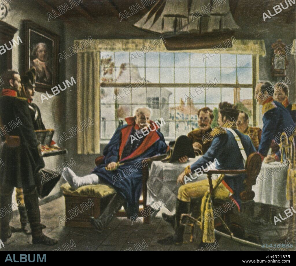 Blücher takes possession of Napoleon's medals and hat after the Battle of Waterloo, 18 June 1815, (1936). 'Blücher Empfängt Orden Und Hut Napoleons Nach Der Schlacht Bei Waterloo, 18 Juni 1815'. Prussian field marshal Gebhard Leberecht von Blücher (1742-1819) at Genappe (in Belgium) after Prussian and British forces definitively defeated French emperor Napoleon's army. He holds Napoleon's hat, medals and sword, taken as war trophies. His leg is bandaged after he was trapped under his dead horse for several hours during a previous battle. From "Bilder Deutscher Geschichte", (Pictures of German History), No.12, cigarette card album. [Cigaretten-Bilderdienst, Altona-Bahrenfeld, Hamburg, Germany, 1936].