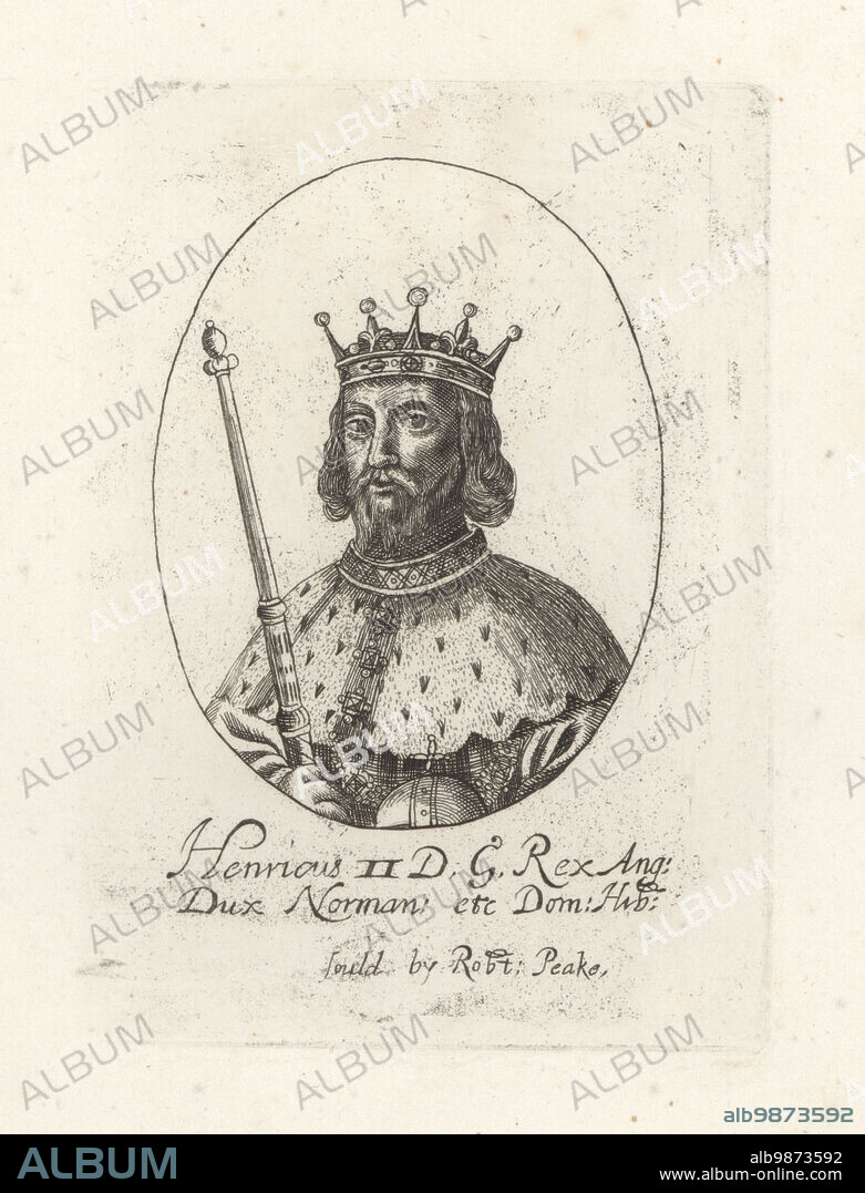 Henry II, or Henry Plantagenet, King of England, 1133-1189. In crown and ermine mantle, holding orb and sceptre. King Henry II of England. Henricus II, DG Rex Ang Dux Norman. et Dom Hib. From William Faithorne's set of Kings, sold by Robert Peake. Copperplate engraving from Samuel Woodburns Gallery of Rare Portraits Consisting of Original Plates, George Jones, 102 St Martins Lane, London, 1816.