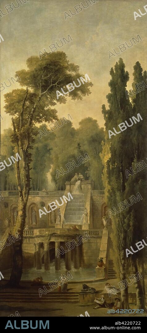HUBERT ROBERT. 'Landscape with a Terrace and Cascade'. Series of 4 paintings: "Landscape with a Terrace and a Cascade", "Landscape with an Obelisk", "Landscape with Ruins", "Landscape with a Waterfall". France, 1802. Dimensions: 312x148,5 cm.