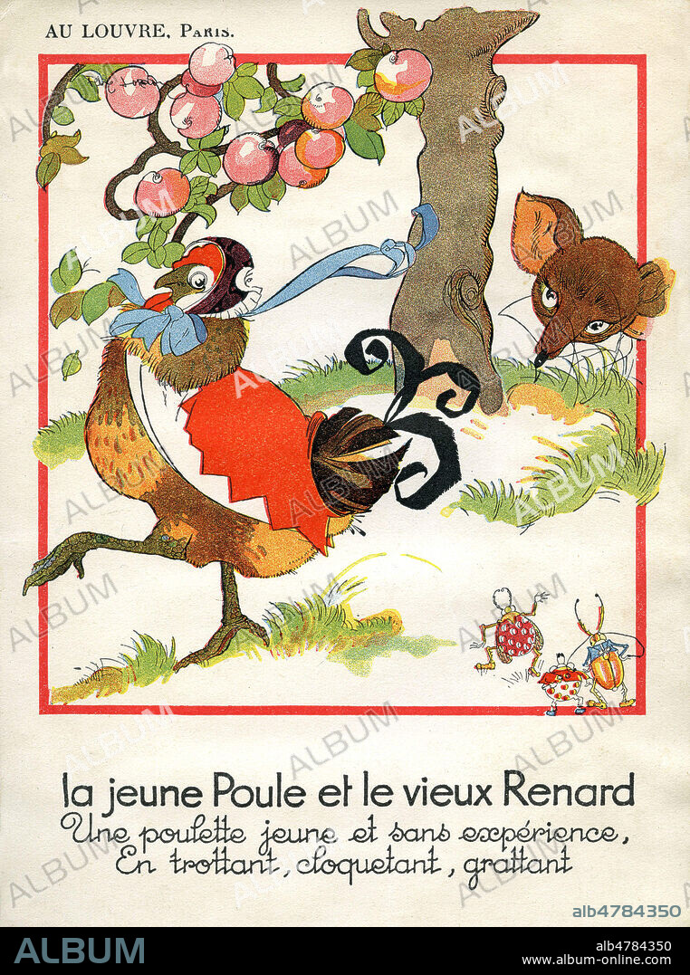 Une poulette jeune et sans experience, En trottant, cloquetant, grattant. Illustration de Felix LORIOUX (1872-1964) pour La jeune Poule et le vieux Renard : Fable de FLORIAN (1755-1794). ADAGP. Credit : Collection Kharbine-Tapabor.