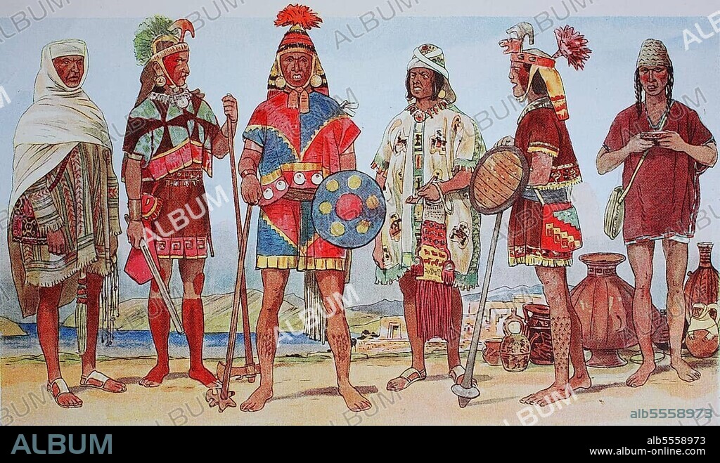 Clothing, fashion in South America, the Inca in Peru in the 15th -16th centuries, from left, a distinguished man with shawl, a distinguished warrior, a distinguished warrior in feather dress, a distinguished man in white woolen robe, a warrior with helmet and a man from the lower stratum of the Hatunruna, digitally restored reproduction of an original from the 19th century