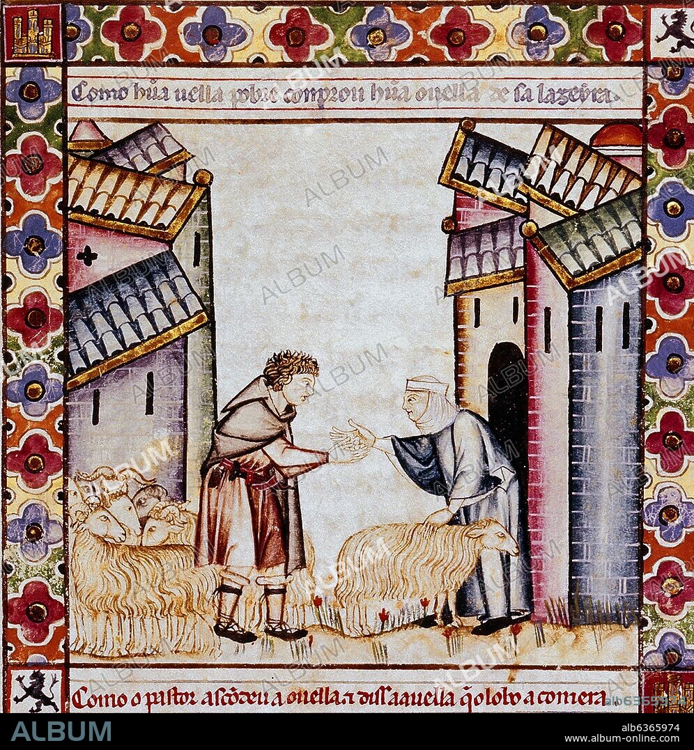 ALFONSO X DE CASTILLA EL SABIO. MTI1-CANTIGA DE SANTA MARIA Nº147-F203V-ROBO DE UNA OVEJA QUE BALA PARA SER ENCONTRADA POR SU DUEÑA - S XIII - 1ª VIÑETA DE LA 1ª FILA - Cj 185452.