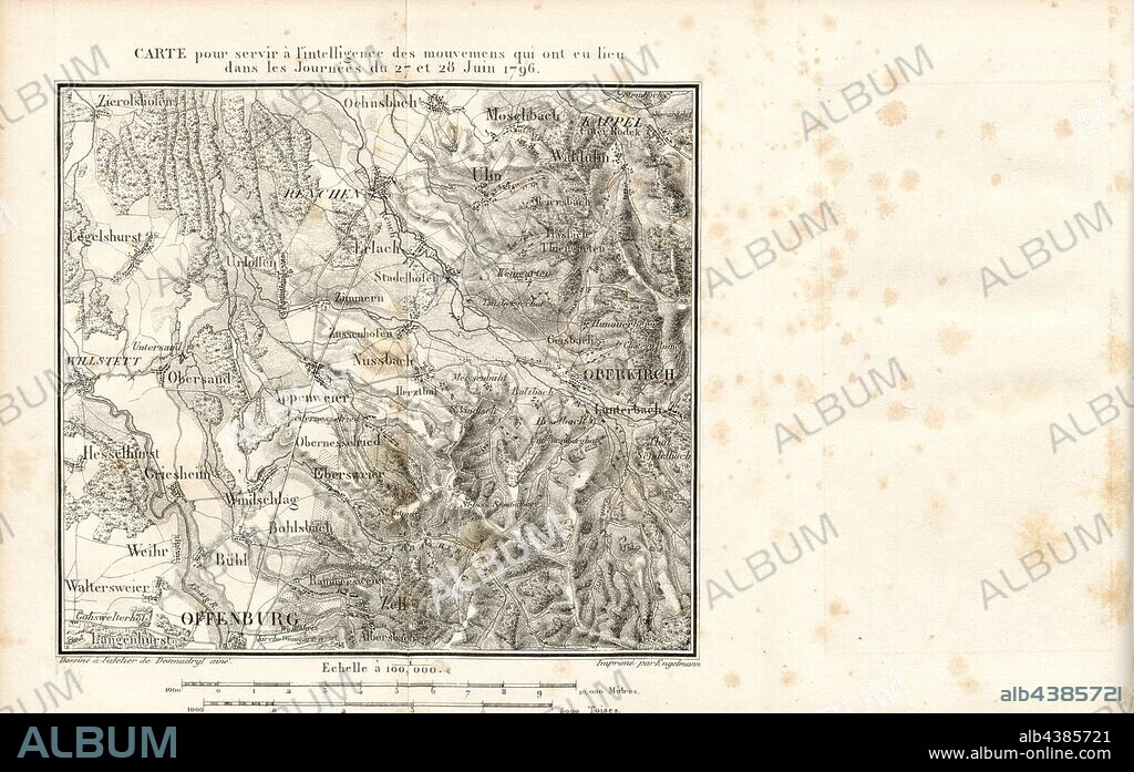 Map, Map Ortenau between Offenburg, Willstätt, Oberkirch and Önsbach Baden-Württemberg Germany, after p. 46, p. 61, Tome 3, Desmadryl ainé (dessiné); Engelmann (imprimé), Maréchal [Laurent de] Gouvion-Saint-Cyr: Mémoires sur les campagnes des armées du Rhin et de Rhin-et-Moselle, de 1792 jusqu'à la paix de Campo-Formio. Tome 3. Paris. Anselin, libraire pour l'art militaire, 1828-1829.