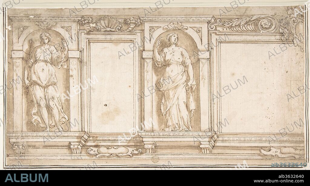 IL POMARANCIO (NICCOLÒ CIRCIGNANI). Design for Wall Decoration with Two Female Figures. Artist: Il Pomarancio (Niccolò Circignani) (Italian, Pomarance ca. 1517-after 1597 Città della Pieve). Dimensions: 8 11/16 x 16 5/16 in. (22.1 x 41.4 cm)
irregular borders. Date: 16th century.