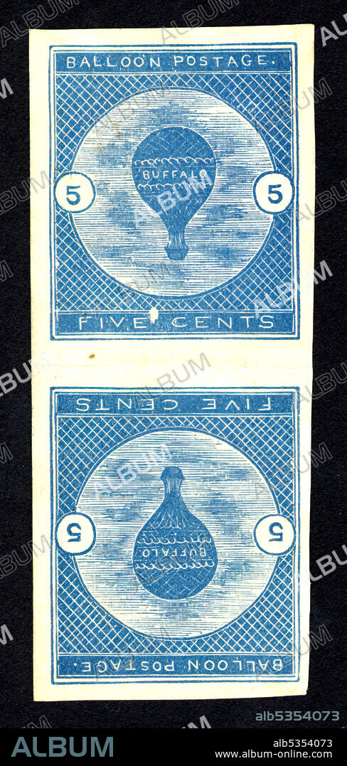 5c Buffalo Balloon imperforate vertical pair, 1877. Perhaps the most enigmatic of all American stamps, the Buffalo balloon stamp is certainly among the premier rarities in aerophilately. Since it was privately issued for use with a standard U.S. postal service 3-cent stamp to pay for air handling of a mailed piece, it was (if one includes both private and government issues) the world’s first airmail stamp. The stamp is an accurate representation of the enormous 92,000 cubic foot “Buffalo” balloon of Professor Samuel Archer King (1828-1914), and was designed by John B. Lillard, a clerk in the Wheeler firm and a passenger on the great flight. Interestingly, the engraver of the stamp was John H. Snively, a scientist who provided apparatus for experiments on the flight. The stamps were printed tete-beche format—that is, they are shown right side up and upside down below on one sheet. It is likely that in printing the stamp, one side was printed, and then the sheet was taken out and turned round and fed back in the press to produce a mirror image of the first row.