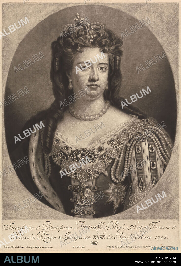 Anna (Queen Anne), John Smith, 16521743, British, after Sir Godfrey Kneller, 16461723, German, active in Britain (from 1676), 1702, Mezzotint, Sheet: 1in. (2.5cm).