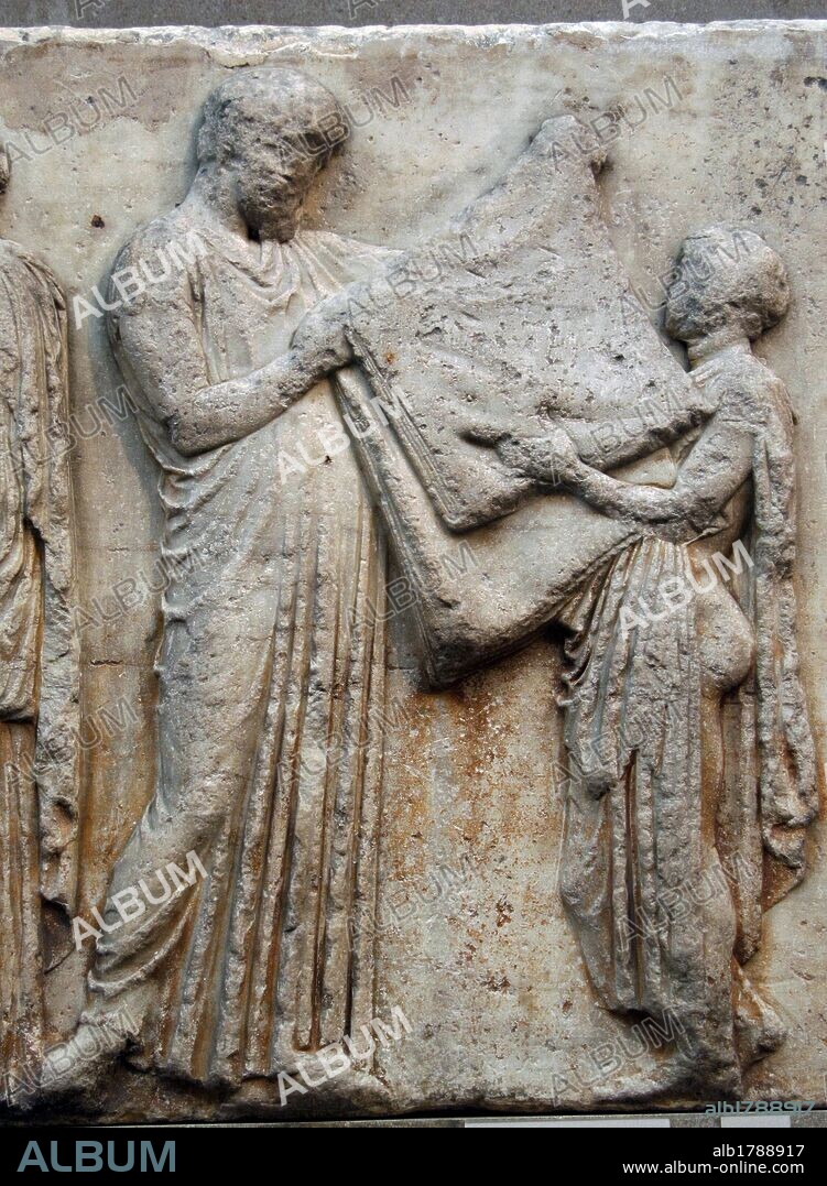 Parthenon. East side. 447-432BC. Greek Classical period. Frieze. The folding of the peplos.  British Museum. London. England. United Kingdom.