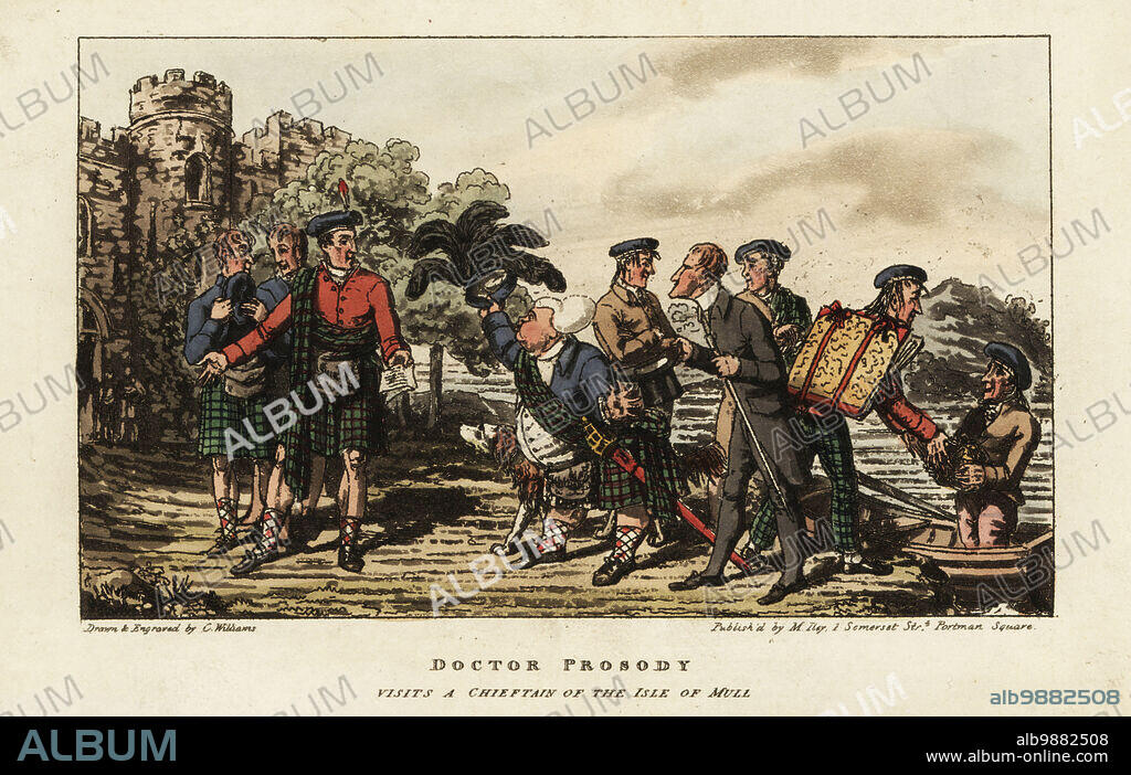 English tourist in a tartan kilt meeting a clan chieftain outside a medieval castle on the Isle of Mull, Inner Hebrides, Scotland. Doctor Prosody visits a chieftain of the Isle of Mull. Handcoloured copperplate engraving drawn and engraved by Charles Williams from William Combes The Tour of Doctor Prosody, in search of the Antique and the Picturesque, through Scotland, the Hebrides, the Orkney and Shetland Isles, Matthew Illy, London, 1821.