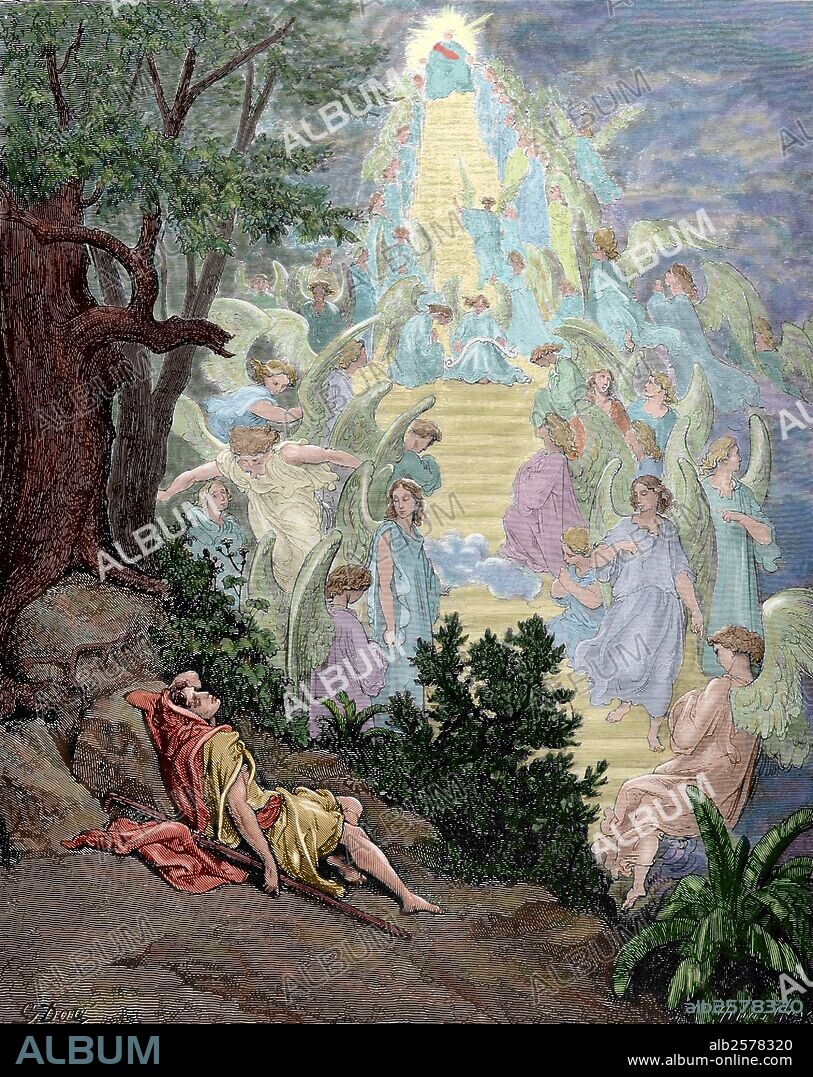 PAUL GUSTAVE DORÉ. ANTIGUO TESTAMENTO. JACOB. Uno de los patriarcas de la Biblia y profeta. "El sueño de Jacob". Génesis, capítulo XXVIII. Versículo 10 al 15. Grabado de Gustavo Doré. Siglo XIX. Coloreado.