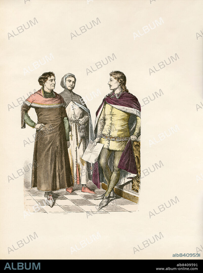 Merchant (1350), Nobleman (1350-1360), England, 14th Century, Illustration, The History of Costume, Braun & Schneider, Munich, Germany, 1861-1880.