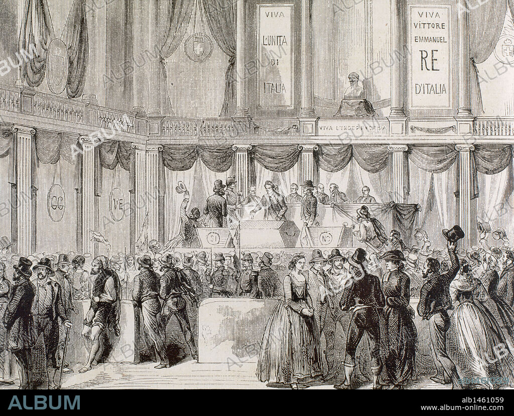 UNIFICACION ITALIANA (1859-1924). S. XIX. FRANCISCO II, monarca del Reino de las Dos Sicilias (1859-1860) se vio obligado a abdicar, mientras un plebiscito (21-22 de octubre de 1860) sancionaba la unión de las Dos Sicilias al nuevo reino de Italia. "VOTO PARA LA ANEXION EN UNA SALA DE LA UNIVERSIDAD DE NAPOLES". Grabado de 'L'Illustration Journal Universel', según croquis de M. J. Duvaux.