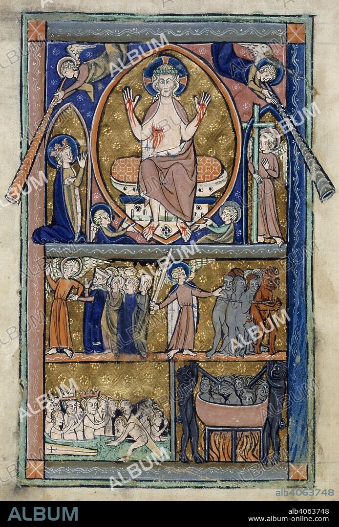 The Last Judgement. At top; Christ enthroned, in a golden mandorla; wearing a crown of thorns, and showing his wounds. The Virgin intercedes for humanity by showing her breast to Christ, to remind him of how she had suckled him. Below; the saved and the damned. Huth Psalter. England [Lincoln or York?]; after 1280. Source: Add. 38116, f.13v. Language: Latin.