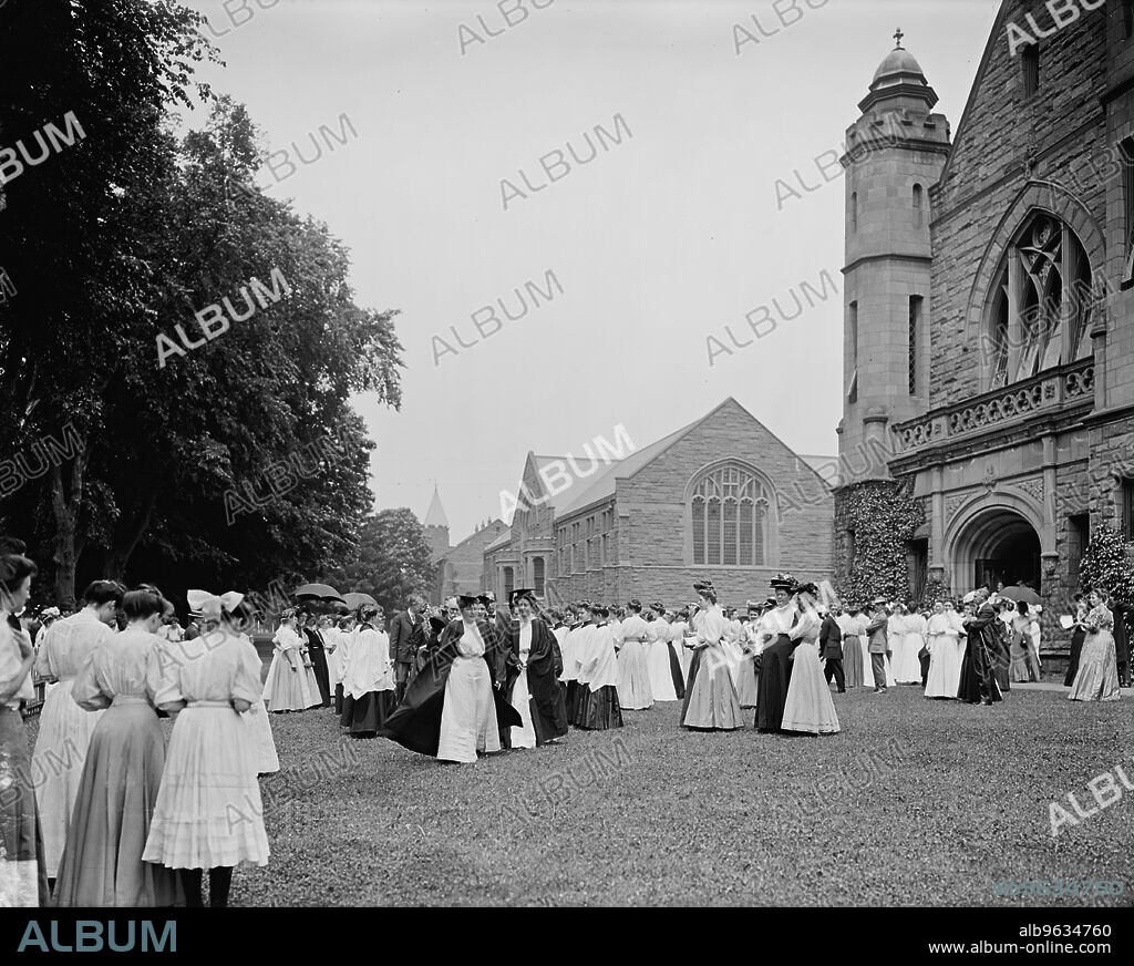 WILLIAM H. JACKSON. Leaving chapel [Mary Lyon Hall], Mount Holyoke College, South Hadley, Mass., c1908.