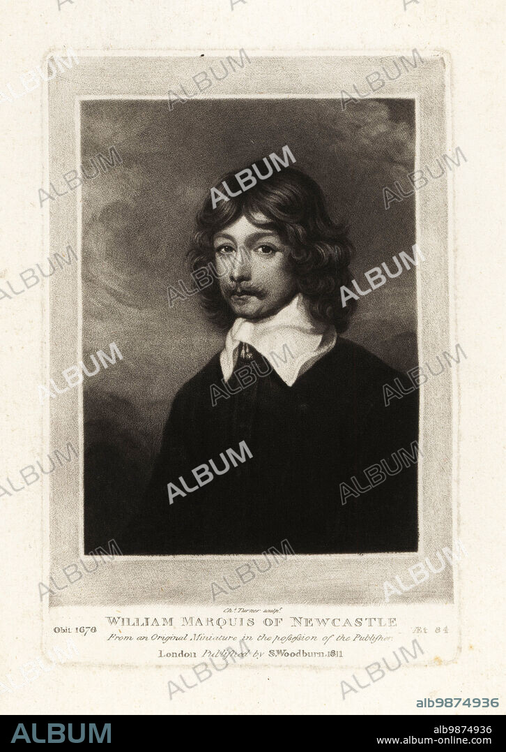 William Cavendish, 1st Duke of Newcastle upon Tyne, 1593-1676. English courtier, supporter of the arts, horse breeder, patron of the playwright Ben Jonson. William, Marquis of Newcastle, died 1676, aged 84. Mezzotint engraving by Charles Turner after a portrait by an unknown artist from Richard Earlom and Charles Turner's Portraits of Characters Illustrious in British History Engraved in Mezzotinto, published by S. Woodburn, London, 1811.