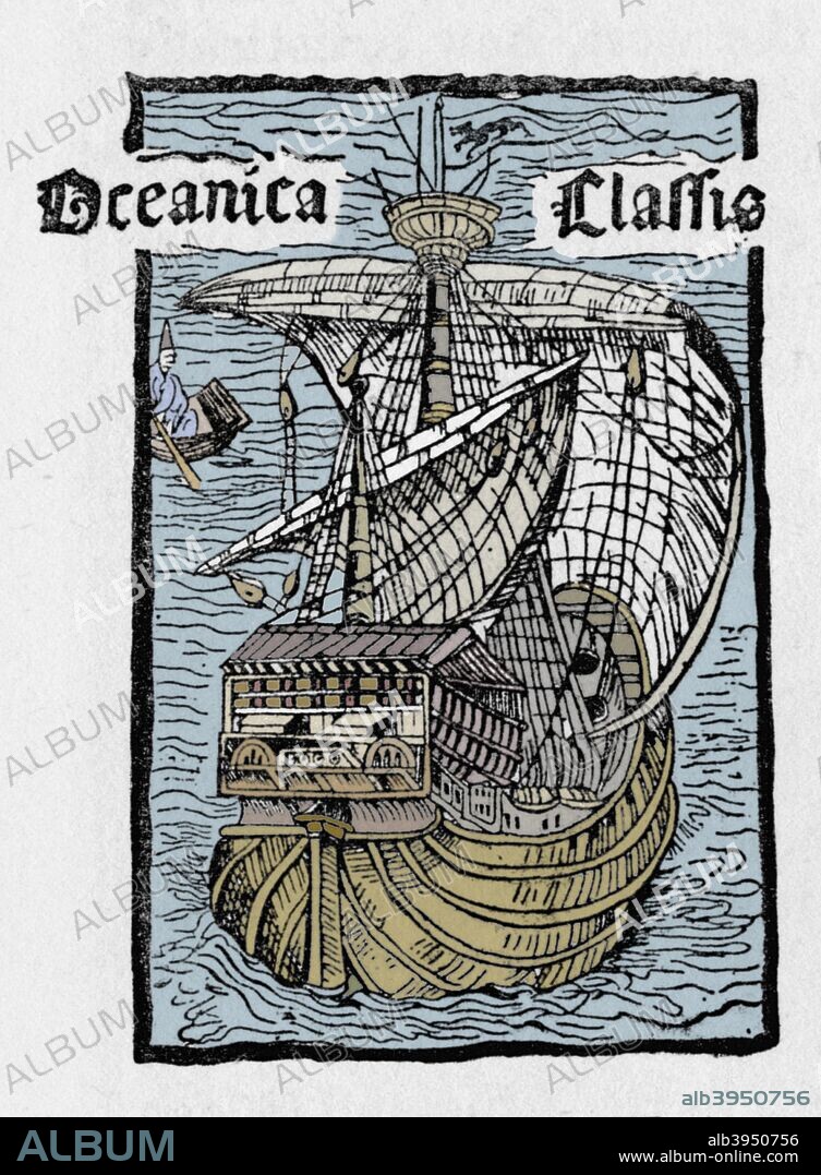 Columbus's Ship, The Santa Maria, 1493. La Santa Maria de la Inmaculada Concepcion (Spanish for Holy Mary of the Immaculate Conception), or La Santa Maria, was the largest of  three ships used by Christopher Columbus on his first voyages. The Santa Maria's master and owner was Juan de la Cosa. A woodcut after a drawing possibly by Christopher Columbus, 1493. Taken from 'A Book of Discovery', published by T. C. & E. C. Jack Ltd. 1912. (Colorised black and white print).
