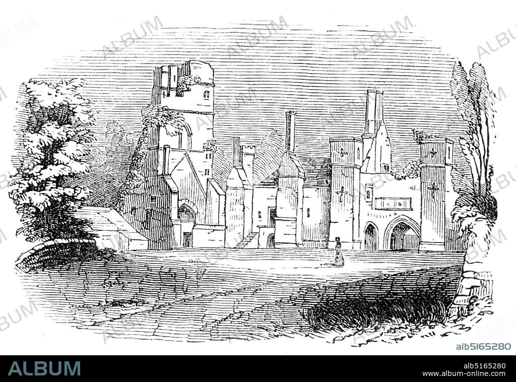 South Winfield manor house, 1844. View of Wingfield Manor near South Wingfield in Derbyshire. The house, which dates back to 1441, fell into ruin in the 18th century. 'This once princely pile...was built in the reign of Henry VI...The mansion is beautifully situated on a commanding eminence, rising from deep valleys, again surrounded on every side with richly-wooded hills; its tall grey towers and battlemented turrets, mantled with ivy, rising proudly above the noble oaks and walnuts in which it is embosomed. The mansion is quite dismantled, and much of it destroyed..'. From "Illustrated London News", 1844, Vol V.