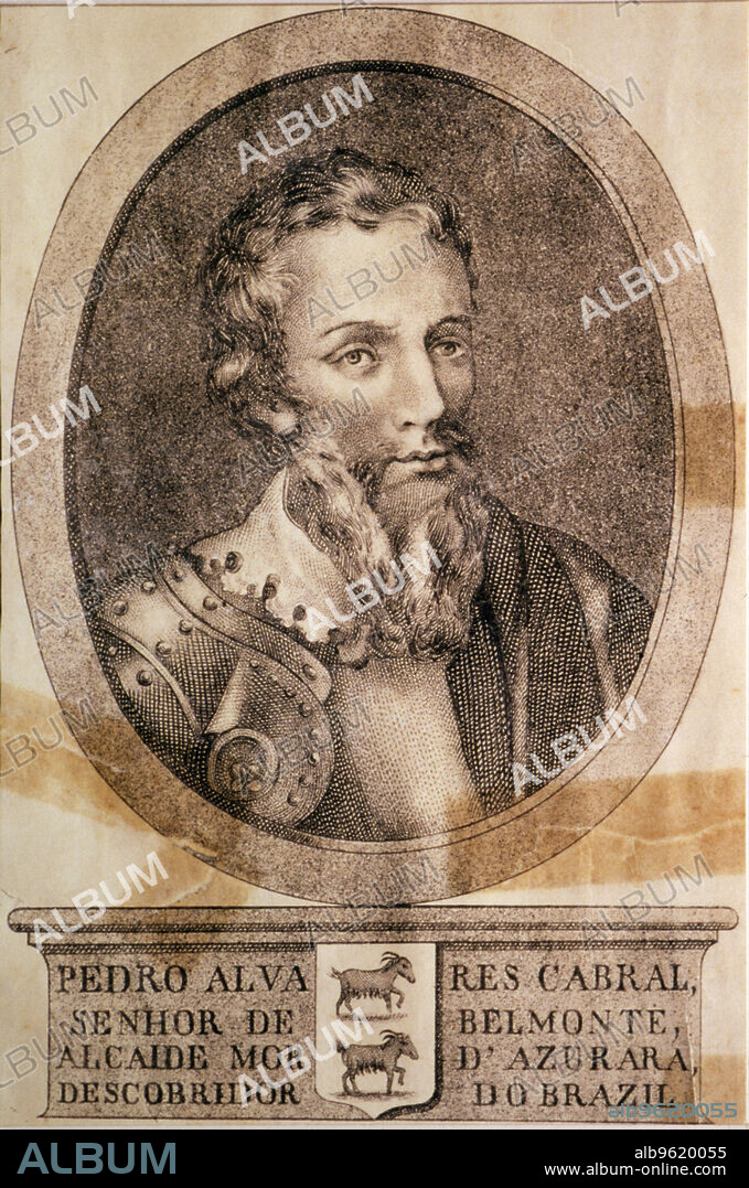 Pedro Alvares Cabral, lord of Belmonte (1460-1526), ??Portuguese navigator who discovered Brazil. Portrait in armor, reproduction of an engraving.