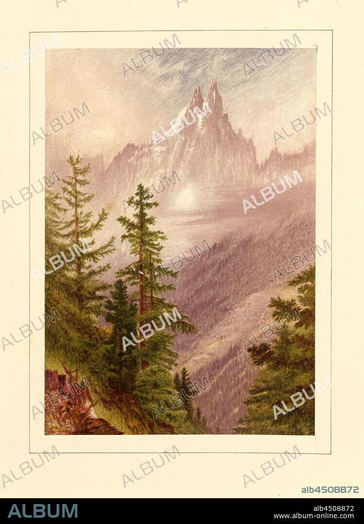 The Aiguilles Vertes and du Dru, from near Cahmouni, Aiguille Verte and Aiguille du Dru in the Montblanc Massif, Fig. 19, p. 8, Walton, Elijah (pinx.); Lowes, J. H. (chromolith. after Elijah Walton), 1867, Elijah Walton; J. H. Lowes; Thomas G. Bonney: The peaks and valleys of the Alps. London: published by Day and Son, limited, 1867.