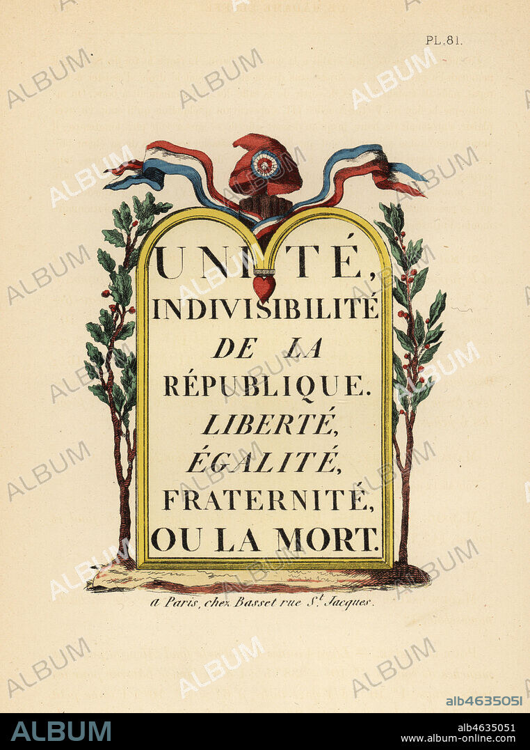 The red bonnet or Phrygian cap with tricolor ribbons above the revolutionary slogan. Unite, Indivisibilte de la Republique. Liberte, Egalite, Fraternite ou la Mort. Hand-coloured lithograph from Fashions and Customs of Marie Antoinette and her Times, by Le Comte de Reiset, Paris, 1885. The journal of Madame Eloffe, dressmaker and linen-merchant to the Queen and ladies of the court.