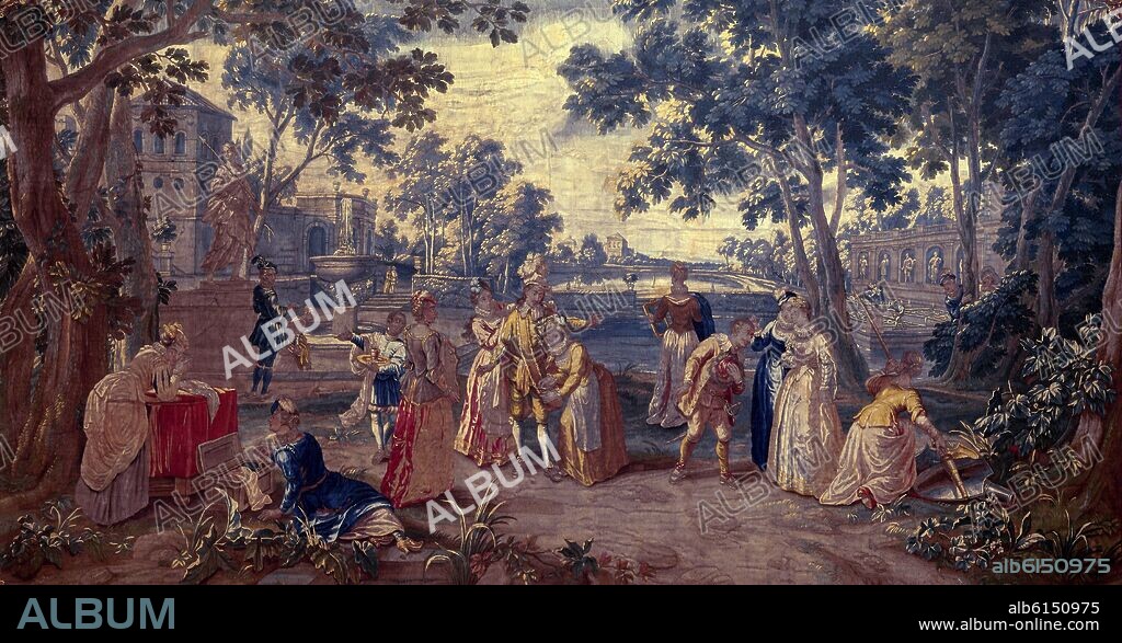 ESCUELA FRANCESA. DON QUIJOTE SERVIDO POR DAMAS - TAPIZ DE MANUFACTURA FRANCESA - 1760 - CARTON DE CHARLES-ANTOINE COYPAL - 296 X 5,02 CM.